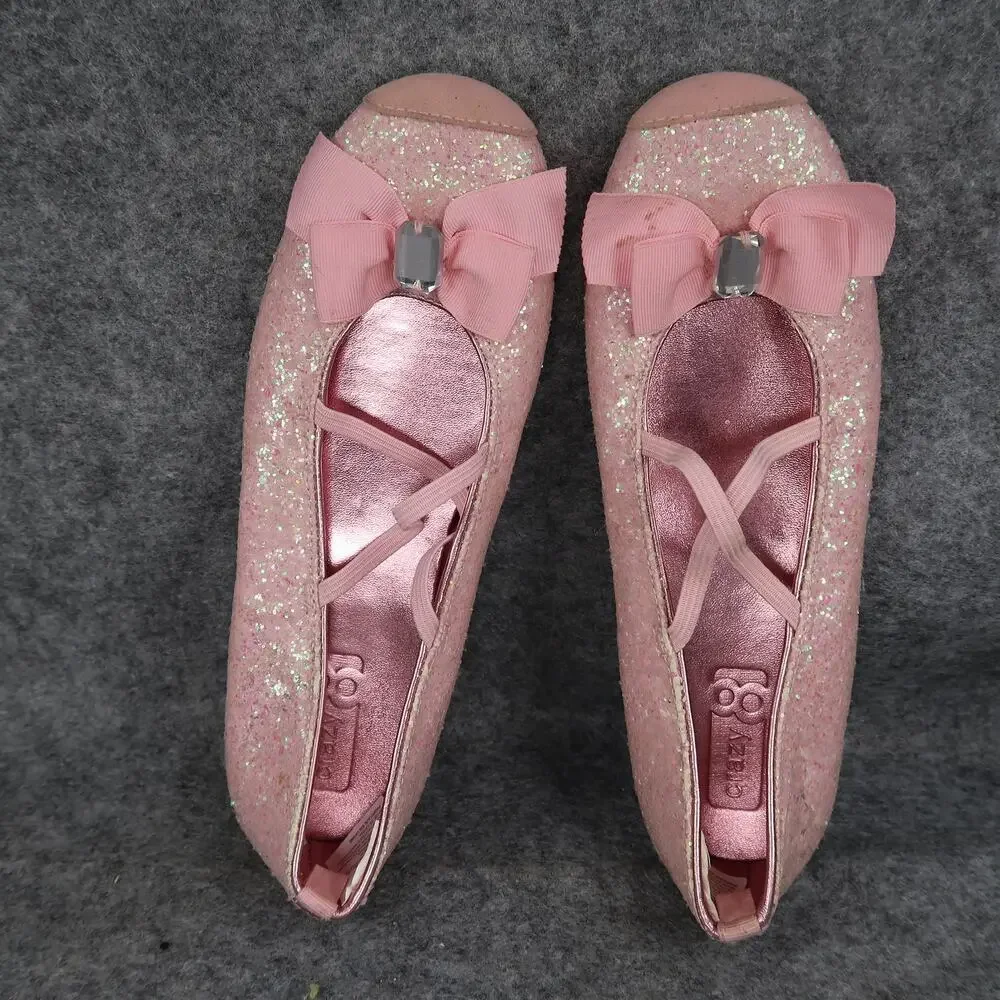 Crazy 8 Shoes Kids Girls 2 Ballet Flats Elastic Straps Pink Glitter Slip On Bow